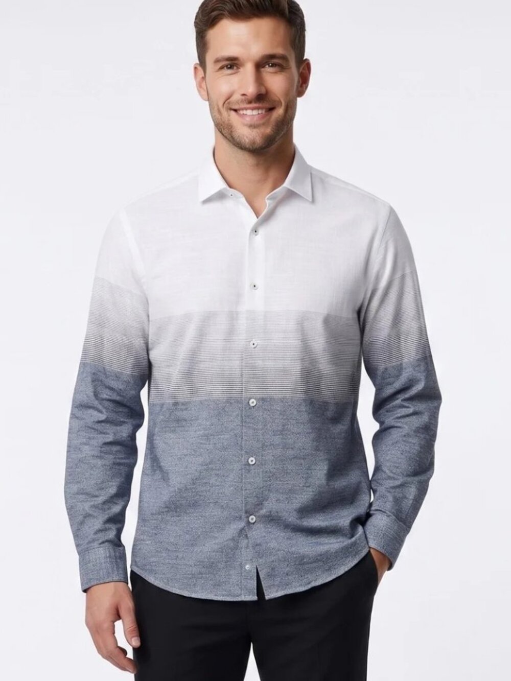 Mizumi Navy/White Striped Color Block Button Up Shirt